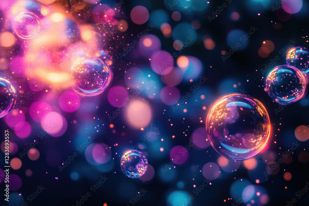 Poster Vibrant, iridescent bubbles float in a dark space filled with colorful bokeh lights, creating a magical, dreamy atmosphere.