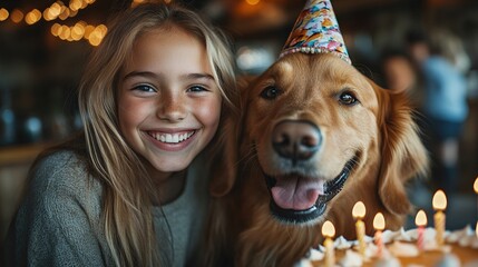 Joyful celebration with a girl and her golden retriever dog at a birthday party, smiling together beside a cake with candles, pet-friendly atmosphere, happy moments concept