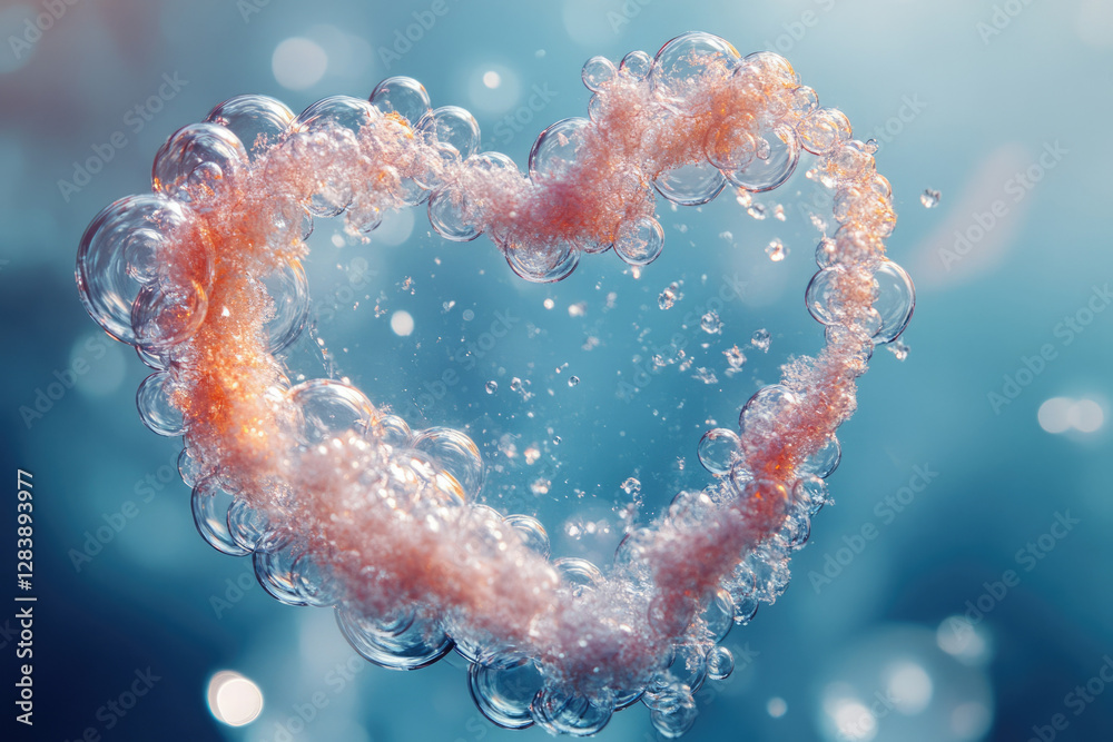 Poster a heart-shaped formation of bubbles with a soft, peach-colored substance inside, floating in a light