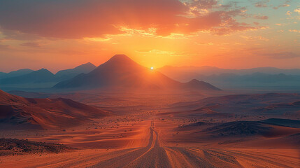 Fototapeta premium Stunning desert landscape at sunrise with a dramatic road leading into the horizon.