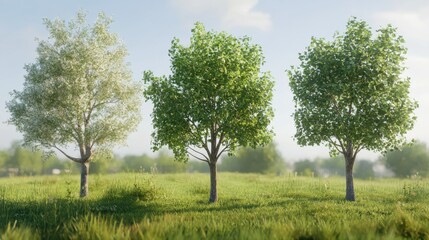 Obraz premium Three trees in sunlit meadow with lush green grass and clear blue sky