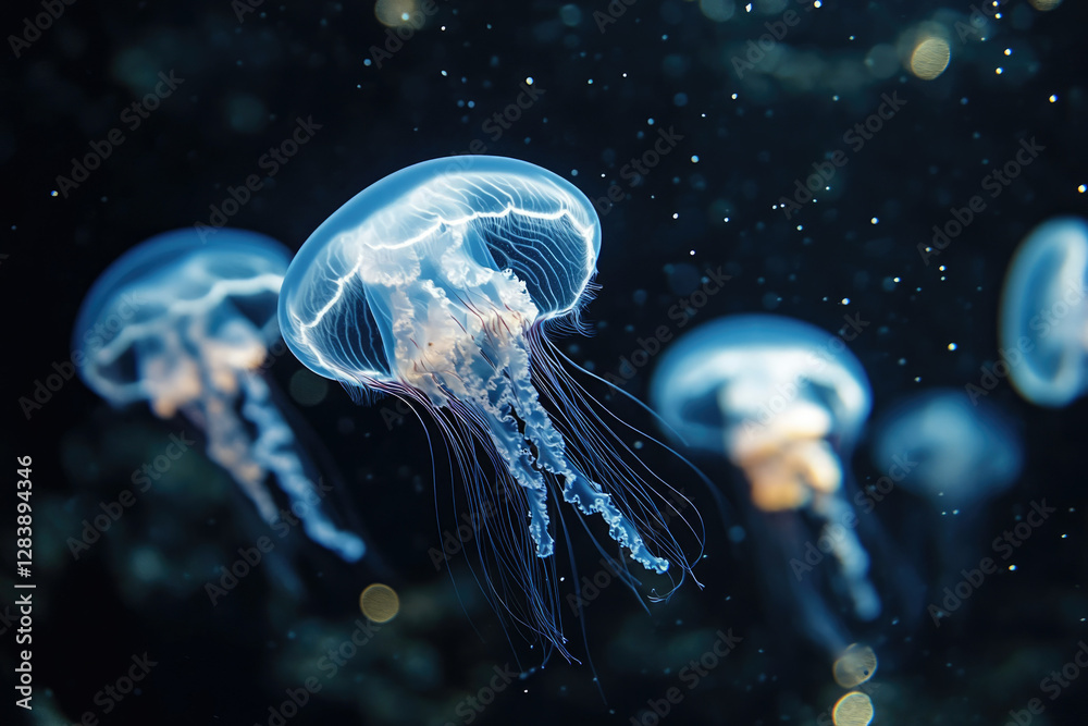 Poster mesmerizing bioluminescent jellyfish gracefully float in the dark ocean depths.