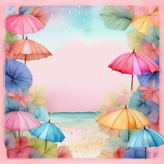 Obraz premium colorful beach umbrella border frame background with copy space