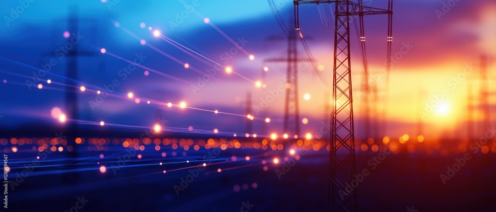 Poster dynamic visualization of smart grid energy network at sunset with power lines