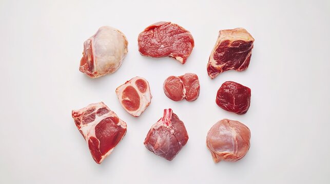  Meat pieces of various sizes on a white background, top view, photography. 
