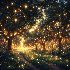 Enchanted Forest Path at Dusk Magical Firefly Lit Trees