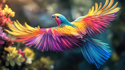 Fototapeta premium Vibrant Rainbow Bird in Flight – Majestic Feathered Beauty