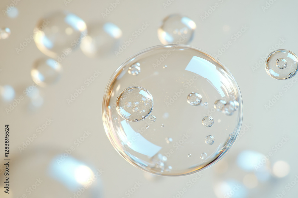Aufkleber A large transparent bubble contains smaller bubbles, floating against a light background.