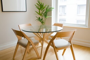 Fototapeta premium Modern dining table with wooden chairs and indoor plant in bright room showcasing minimalist design and natural light healthy living concept