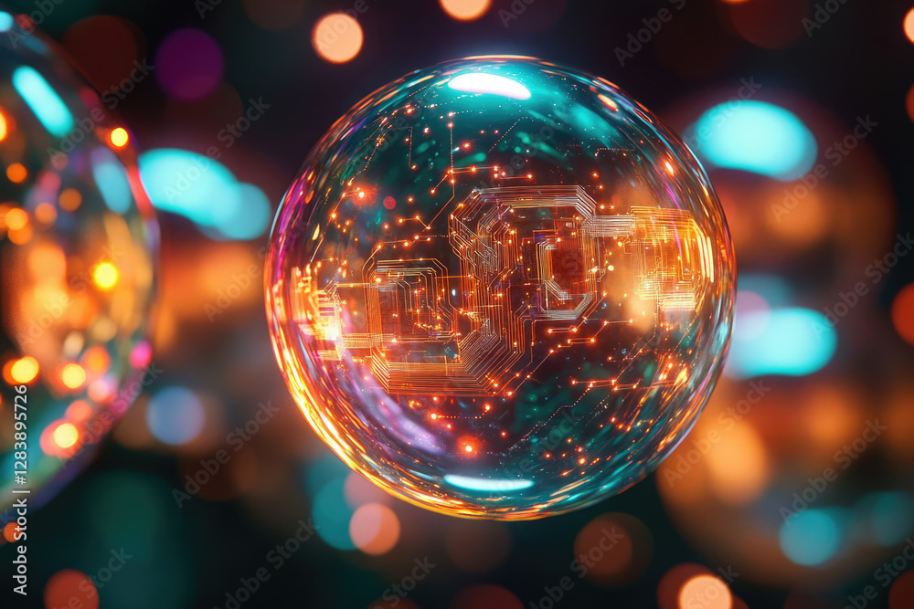 Poster a glowing sphere encapsulates a circuit board, symbolizing technological innovation and interconnect