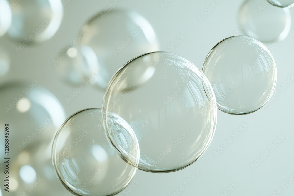 Poster A cluster of translucent bubbles floats, showcasing their delicate spherical forms and reflective surfaces against a soft, muted background.