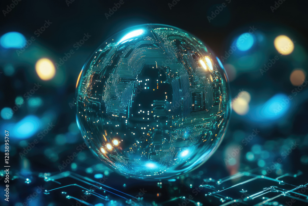 Poster a crystalline sphere displays a futuristic circuit board pattern, symbolizing global connectivity an