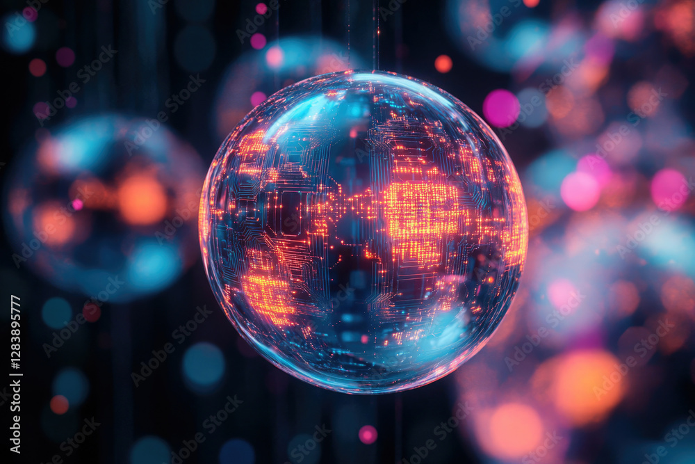 Poster a glowing glass sphere displays a circuit board pattern resembling a world map, symbolizing global d