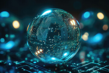 A crystalline sphere displays a futuristic circuit board pattern, symbolizing global connectivity and technological advancement.