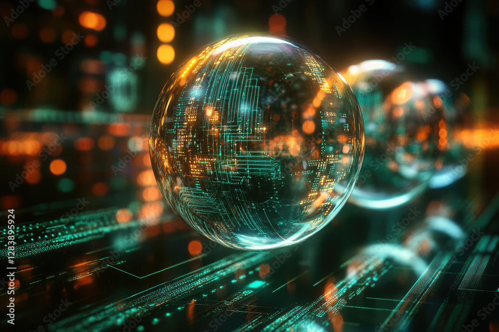 Poster a futuristic glass sphere displays intricate circuit patterns, symbolizing technological advancement