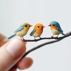 Obraz premium Colorful miniature birds on a branch creative crafting indoor studio artistic close-up nature inspired