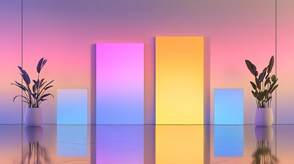 Neon-Lit Minimalist 3D Render: Pastel Blocks and Tropical Plants AI Generated