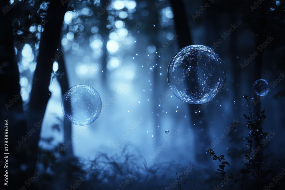 Aufkleber enchanted forest with glowing orbs and magical particles floating among the trees.