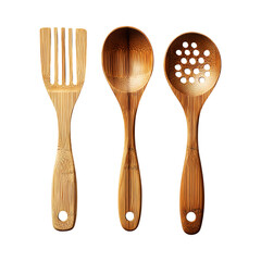 Eco-Friendly Bamboo Kitchen Utensils Set of Three Isolated on Transparent Background