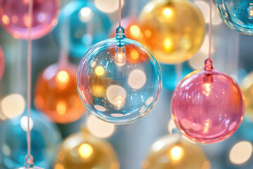 Fototapeta premium Illuminated glass orbs hang, creating a warm, colorful, and festive atmosphere.