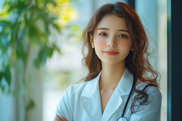 Confident female doctor in white coat near window