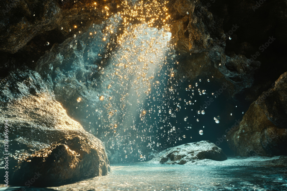 Poster golden bubbles fall from the cave ceiling into a serene underwater grotto, creating a magical scene.