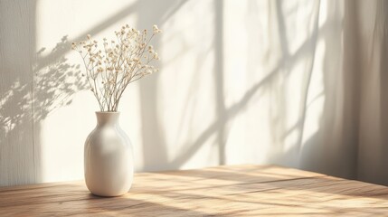 Sunlit white vase with delicate dried flowers on wooden table