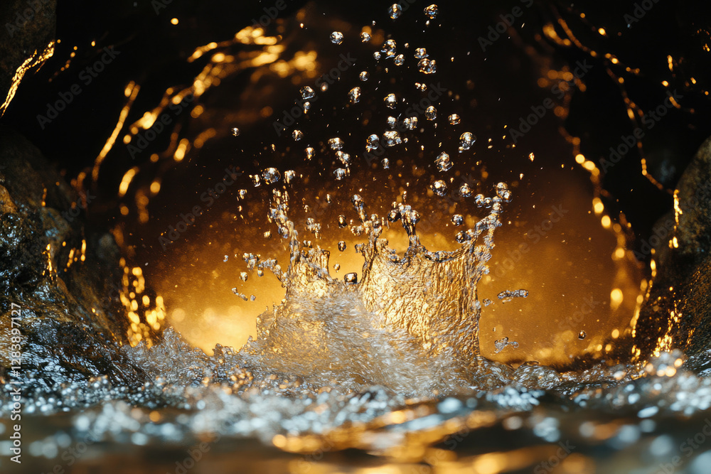 Poster water splash in dark background with golden light, creating a crown-like shape.