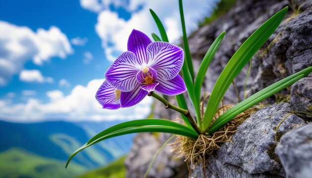 Purple and white striped orchids on rocky surface with green moss and clear blue sky. Vibrant orchids, resilient plants, natural beauty, outdoor floral scene, nature and botanical themes.