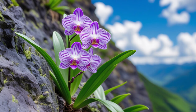 Purple and white striped orchids on rocky surface with green moss and clear blue sky. Vibrant orchids, resilient plants, natural beauty, outdoor floral scene, nature and botanical themes.