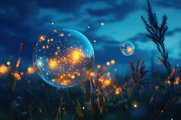 Enchanted bubbles float in a dreamy twilight field, glowing with inner light and surrounded by fireflies.