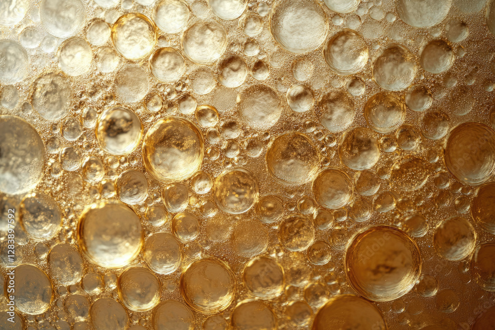 Poster Golden abstract background with numerous, varied sized bubbles creating a unique texture.