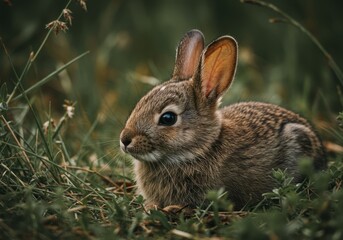 Fototapeta premium Adorable Baby Rabbit in Green Grass Nature Photo