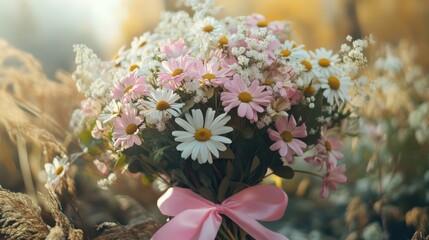 Bouquet of pink and white daisies with ribbon in sunlit field