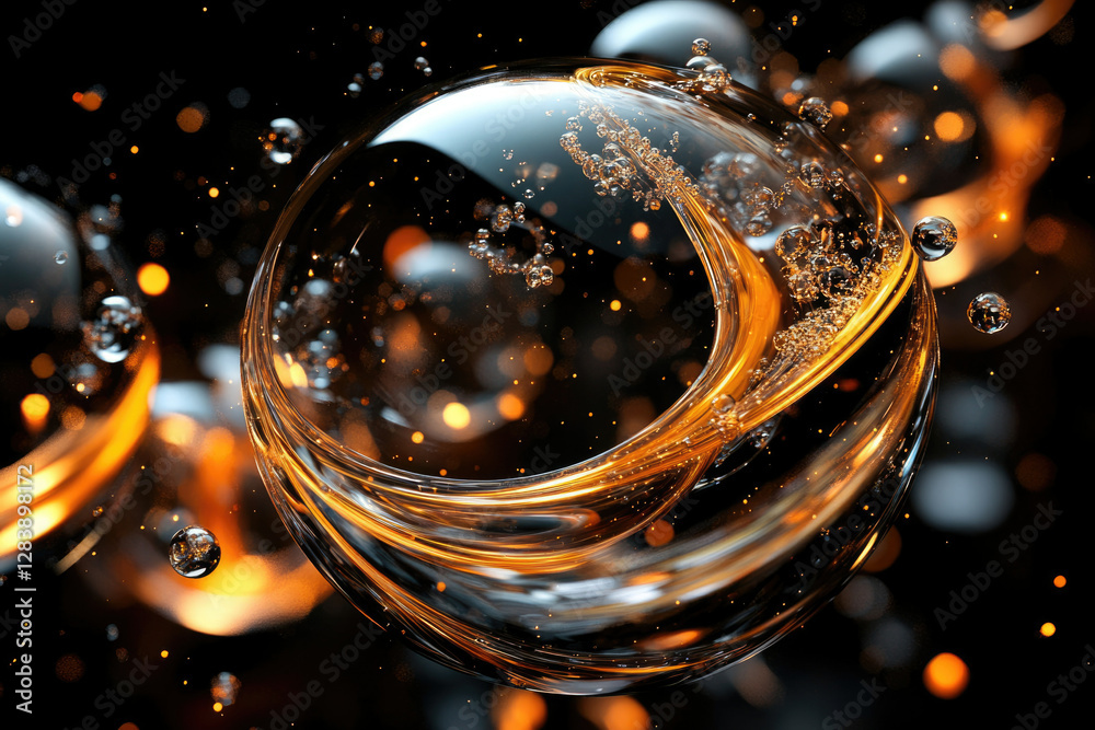 Poster Abstract image of swirling amber liquid within a transparent sphere, surrounded by smaller bubbles and bokeh lights.