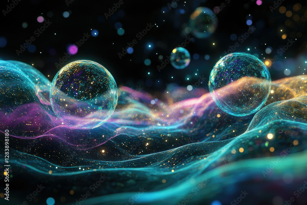 Poster Glowing orbs float on a shimmering, colorful, abstract wave of particles in space.