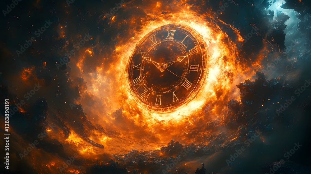 Poster fiery countdown clock explosion backdrop with dramatic flames smoke and chaotic apocalyptic energy s