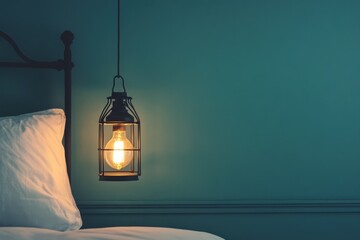 A hanging light bulb illuminating a bedroom setting at nighttime