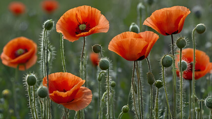 Fototapeta premium Corn poppies Papaver rheas bud flower poppy Red poppies in a close-up with a green, natural background, borken, münsterland, germany,