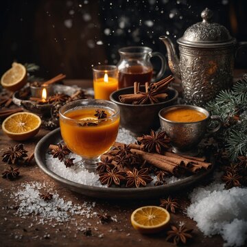 aromatic coffee or tea ingredients with spices and herbs Tea Preparation in Relaxing SettingA steaming cup of milk tea nestled on a rustic wooden table, surrounded by loose tea leaves, a vintage teapo