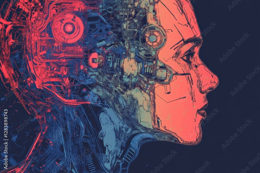 Fototapete Human head outline merges with mechanical elements depicting a fusion of organic and artificial intelligence. Generative AI