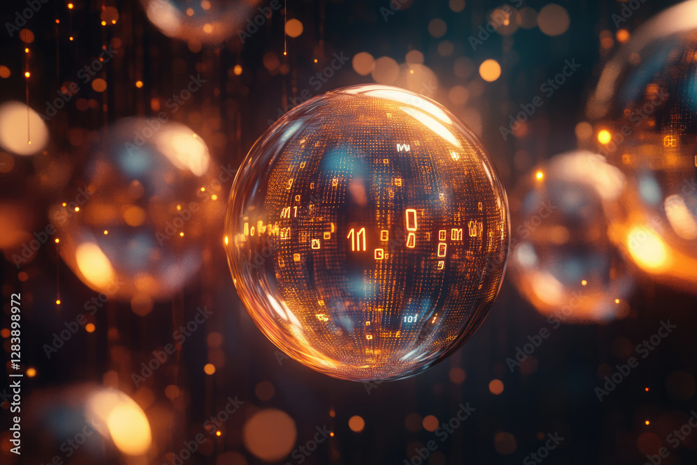 Poster A glowing sphere filled with binary code, surrounded by smaller orbs, evokes a futuristic, technological aesthetic.