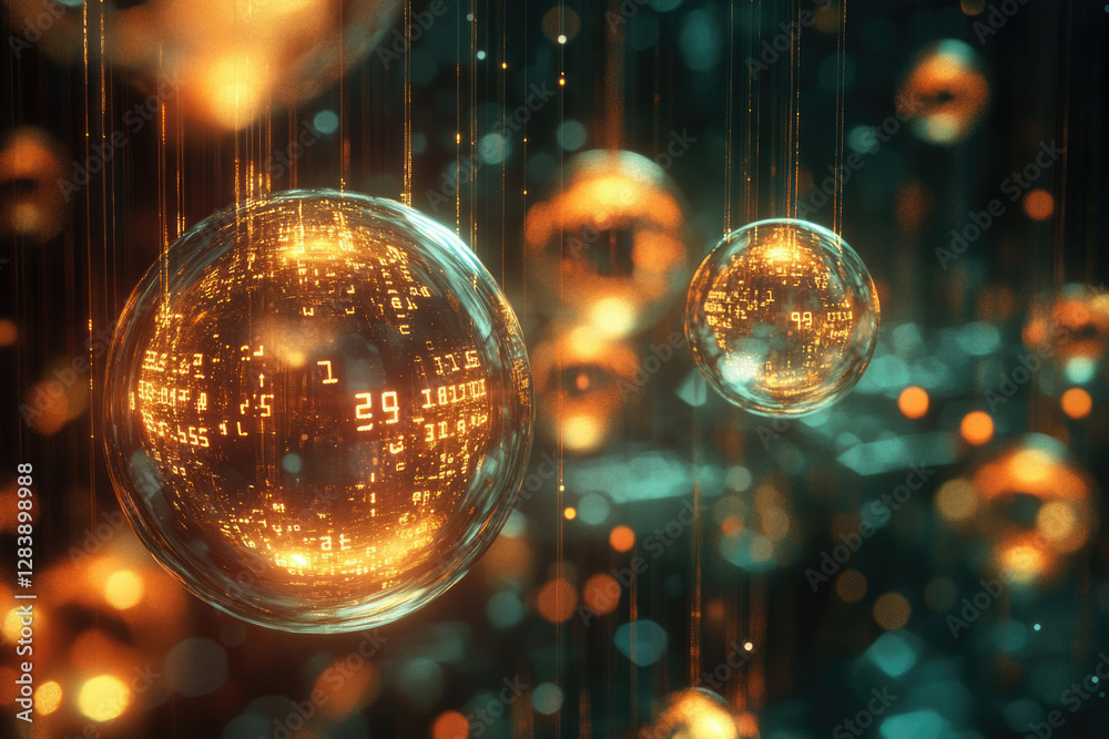 Poster glowing glass spheres filled with digital code hang in dark space, depicting futuristic data visuali