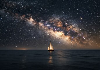 Sailboat Under Milky Way Galaxy Night Sky Ocean Scene
