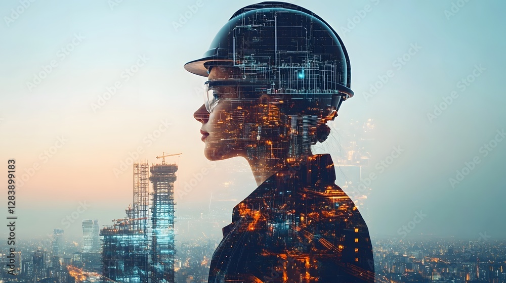 Aufkleber futuristic digital cyborg man with thoughtful expression overlaying a modern city skyline representi