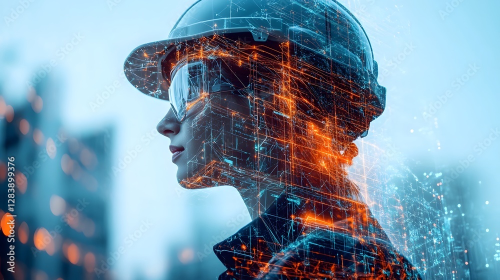 Poster futuristic digital cyborg portrait with glowing energy network and hi tech intelligence concept