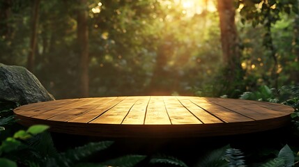  Smooth wooden platform surrounded by a lush forest, with warm sunlight creating depth and dimension.