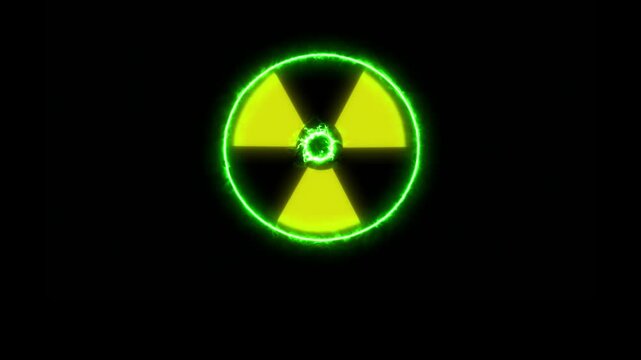Radiation symbol on black background. A radiation warning symbol. Radiation sign. Nuclear symbol flashing icon.  Radioactive icon. Radiation logo. Looped animation