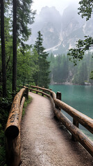 A path leading to the shore of an emerald lake
