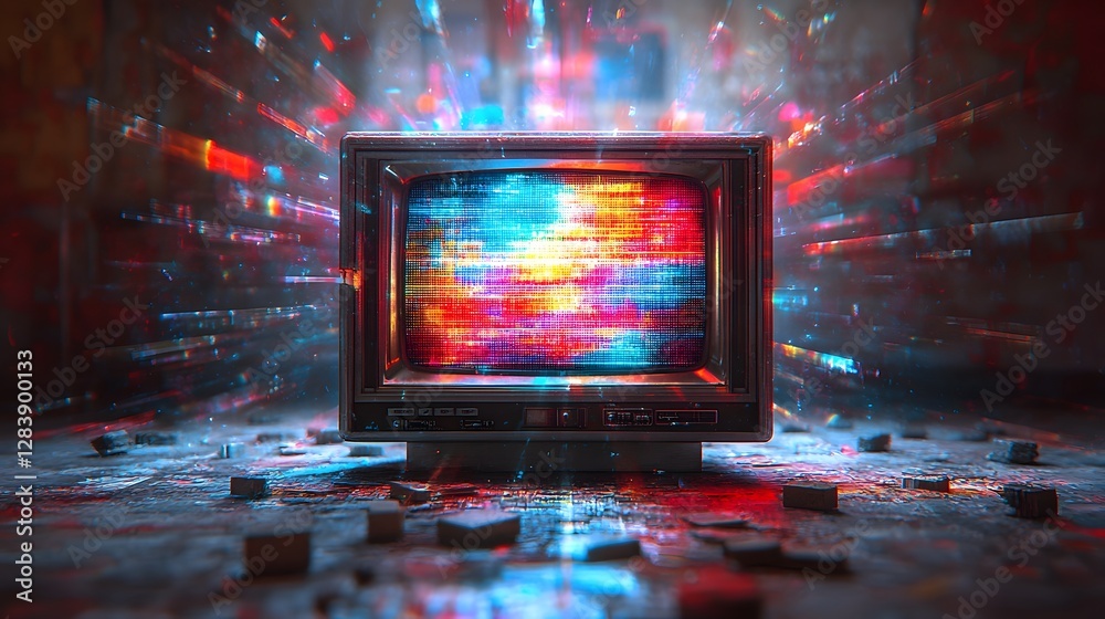 Poster Futuristic digital display with glitched interference like visual effects featuring a vibrant array of neon lights color gradients and abstract surreal patterns  The image has a futuristic